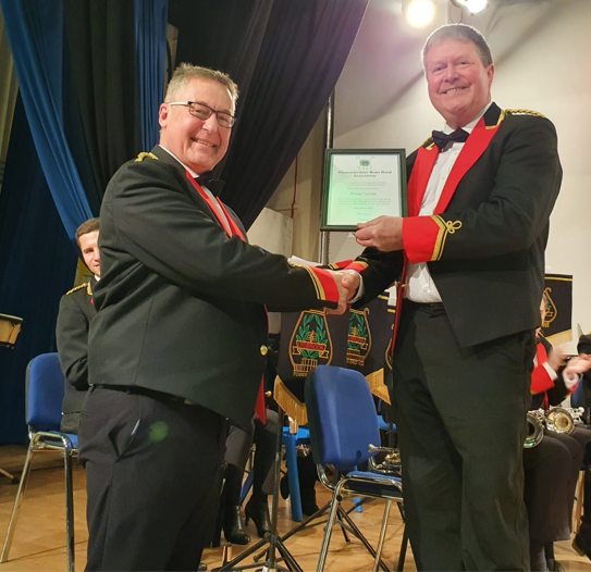 Phil receiving his award from Trevor Moss, Lydbrook Band Secretary Phil Turner, 50 Years of Banding